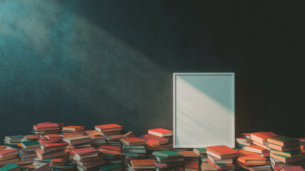 Poster - Minimalist white frame surrounded by vibrant books on dark background