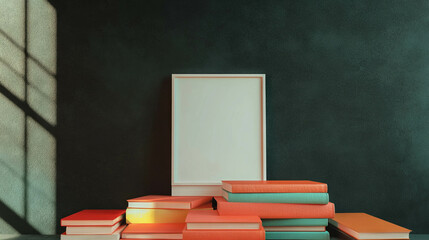 Poster - Minimalist white frame on vibrant stack of books for creative decoration