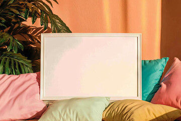 Poster - White frame on vibrant cushions in a cozy home decor setting