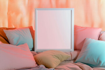 Poster - Blank white frame on vibrant cushions for creative home decor inspiration