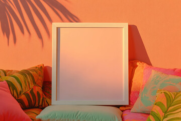 Poster - Minimalist white frame on vibrant cushions with palm shadow
