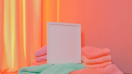 Poster - Minimalist white frame on vibrant folded towels with warm sunset background