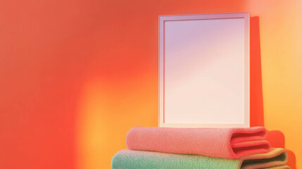 Poster - Minimalist white frame on colorful folded textiles against vibrant background for interior design