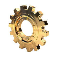 Poster - Golden gear with shiny metallic finish, symbolizing industry and engineering. This 3D illustration showcases intricate details and polished surface, perfect for technology and manufacturing themes
