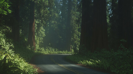Poster - Serene journey through a redwood forest amidst towering trees