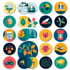 Poster - Colorful abstract icon set showcasing nature, technology, and business