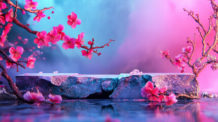 Poster - Abstract cracked stone surface with vibrant floral accents for modern design