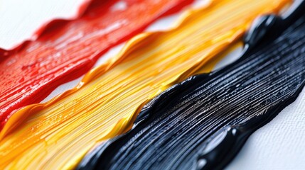 Poster - A vibrant smear of golden yellow red and black paint spreads beautifully on a clean white surface creating a smooth texture and shiny finish that invites artistic exploration.