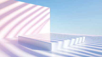Poster - Modern minimalist scene with floating white platform in soft pastel lighting