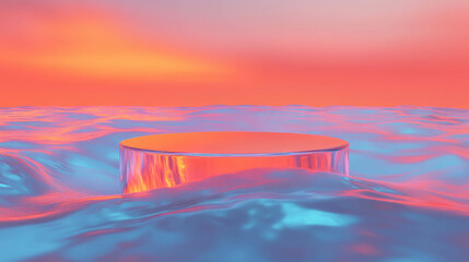 Poster - Surreal abstract background with glass podium and dreamy sunset sky