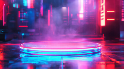 Poster - Futuristic neon abstract scene with glass podium and atmospheric glow