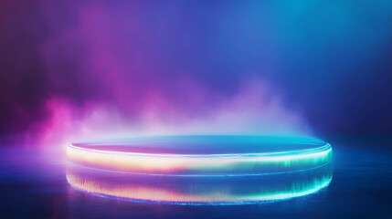 Poster - Futuristic neon abstract background with reflective glass podium design