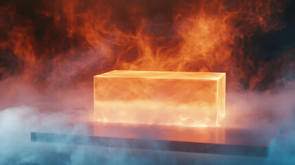 Poster - Abstract background with glass podium and fiery smoke effects for design enhancement