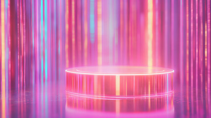 Poster - Futuristic glass podium with neon glow in a colorful abstract background for modern design