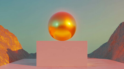 Poster - Surreal landscape with glowing golden orb and geometric shapes