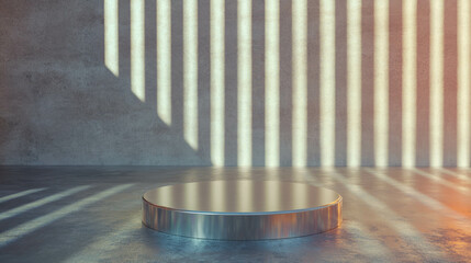 Poster - Modern abstract background with metal podium and striking light patterns for design and display concept