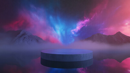 Poster - Surreal abstract podium scene with vibrant cosmic sky and mountains