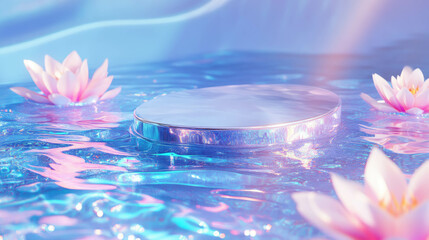 Poster - Serene abstract scene with podium and floating water lilies