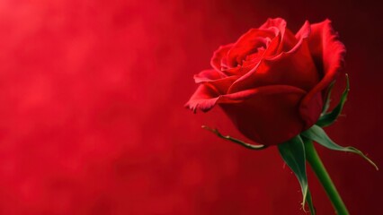 Poster - A vibrant red rose stands tall with delicate petals set against a rich red backdrop. The lighting highlights its beauty creating an elegant and romantic atmosphere. Copy space