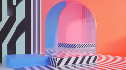 Poster - Vibrant abstract background with geometric podium and bold stripes