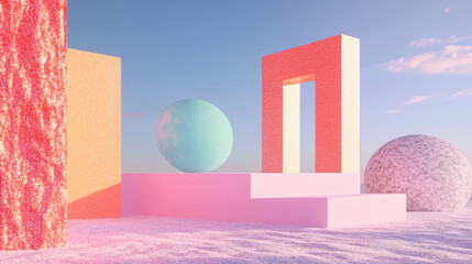 Poster - Abstract geometric landscape with podium and colorful spheres for modern design