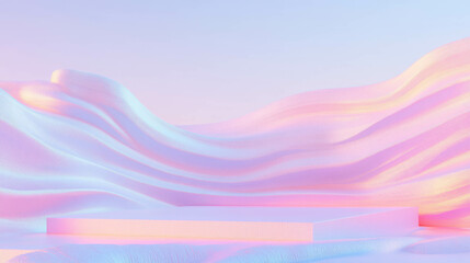 Poster - Surreal podium with wavy pastel background for futuristic design concepts