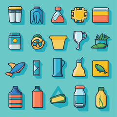 Poster - Assorted Icon Set with Fish, Jars, Pot, and Hourglass on Blue Background