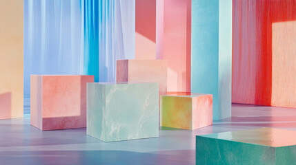 Poster - Vibrant pastel abstract background with geometric podiums for modern design