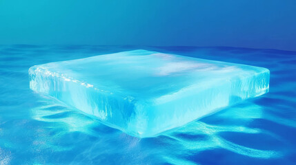 Poster - Abstract frozen podium scene with ice platform and blue water reflections