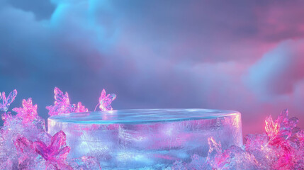 Poster - Enchanting abstract ice podium with crystal accents for winter display design