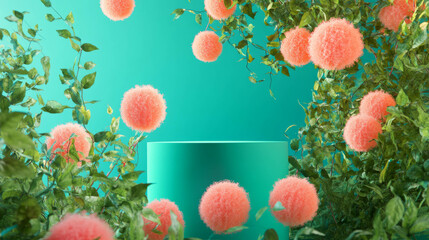 Poster - Abstract nature inspired background with vibrant podium and fuzzy plants for creative design concepts