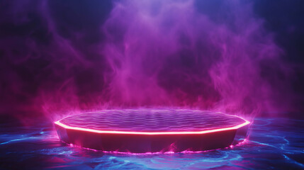 Poster - Futuristic hexagonal neon podium with glowing smoke and dark abstract background
