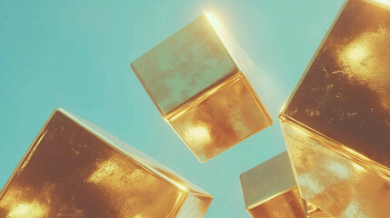 Poster - Futuristic abstract design with golden cubes and podium on blue background