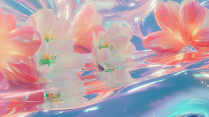 Poster - Abstract floral liquid background with pastel flowers and glossy surface