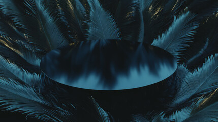 Poster - Elegant abstract background with blue podium and palm leaves for display