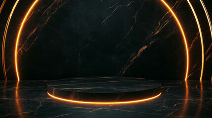 Poster - Futuristic background featuring an illuminated podium with abstract design for creative use