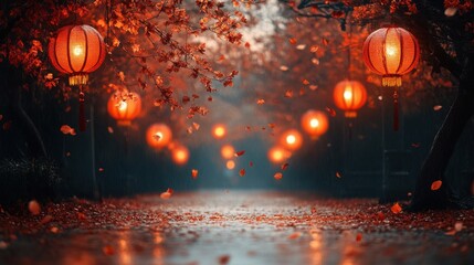 Fototapete - autumn pathway with falling leaves background