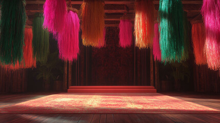 Poster - Vibrant abstract interior with colorful hanging textiles and central podium