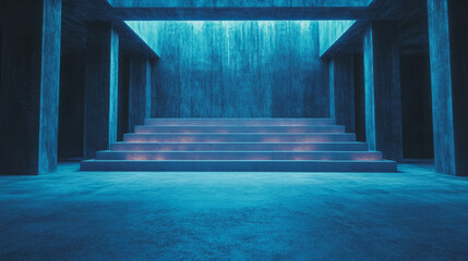 Poster - Modern industrial interior with raw concrete podium in blue ambient lighting