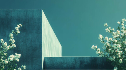 Poster - Minimalist architecture scene with abstract concrete podium and blossoms