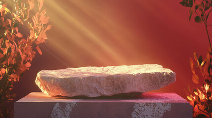 Poster - Atmospheric abstract design with raw stone podium and sunlit foliage