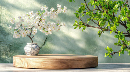 Poster - Minimalist natural scene with wooden podium and blossom accents for interior design