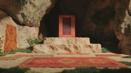 Aufkleber - Serene outdoor stone podium with ornamental rugs