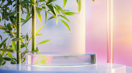 Poster - Abstract nature-inspired podium design with bamboo and soft gradient background