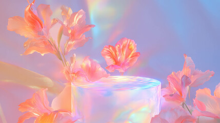 Poster - Dreamy floral scene with iridescent podium and soft pastel colors for event decoration