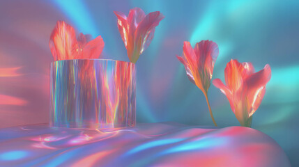 Poster - Vibrant abstract background with transparent podium and ethereal flowers
