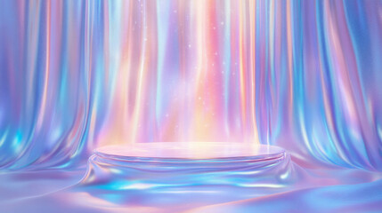 Poster - Abstract iridescent podium and ethereal curtain for dreamy design concept