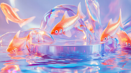 Poster - Vibrant aquatic scene with colorful fish and abstract podium for creative design