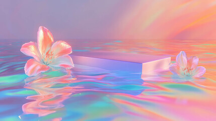 Poster - Abstract floral pastel landscape with podium on reflective water surface for modern design