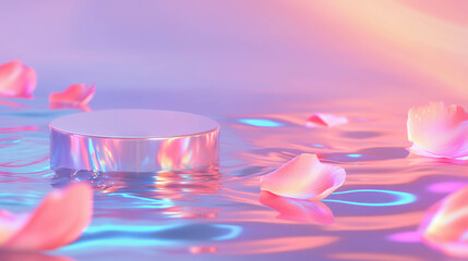 Poster - Elegant abstract scene with reflective podium and floating petals for design inspiration